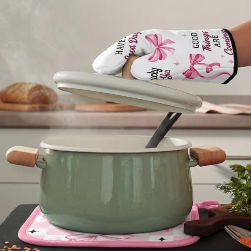 Fourluoo 8 Pcs Pink Bow Kitchen Towels Oven Mitts and Pot Holders Sets