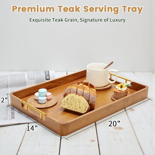 Solid Teak Wood Serving Tray with Handles, 20 x 14 Inch