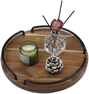 Round Wooden Serving Tray - Rustic Style Decorative Tray for Coffee