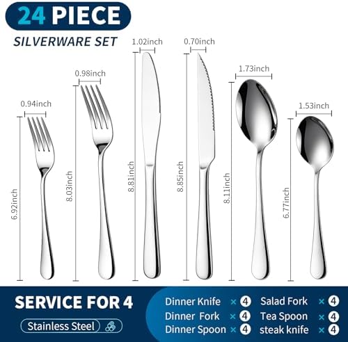 GPY 24-Piece Silverware Set with Steak Knives Nickel Free Cutlery Set