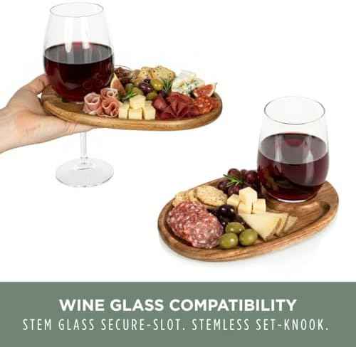 PICNIC TIME Wine Appetizer Plates, Set of 4 Wooden Cocktail Plates with Glass Holder, Mini Charcuterie Boards for Wine and Cheese Parties, Acacia Cheese Board Serving Trays (Oval - Acacia Wood)