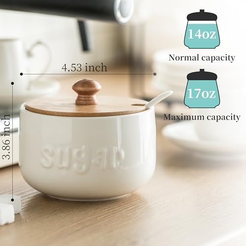 LYEOBOH Sugar Bowl with Lid and Spoon, 17 OZ Ceramic Sugar Jar for