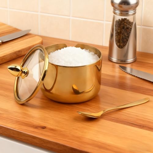 10oz Sugar Bowl with Clear Lid and Spoon, Gold or Silver Stainless