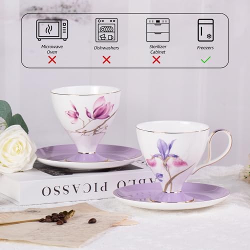 KAMMAK Ceramic Coffee Cups Saucers Set of 2, Porcelain Espresso Cups