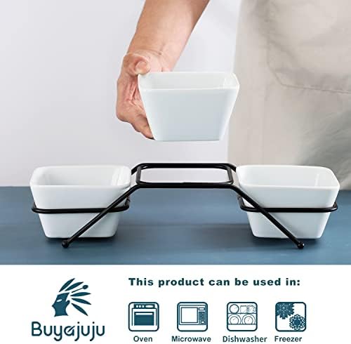Buyajuju 3 pcs square bowl Porcelain Chip & Dip Serving Set With Black Metal Stand,4.5 inch White Small Serving Bowls for Side Dishes, Salsa, Appetizer, Serving Dishes for Entertaining 11.5 OZ