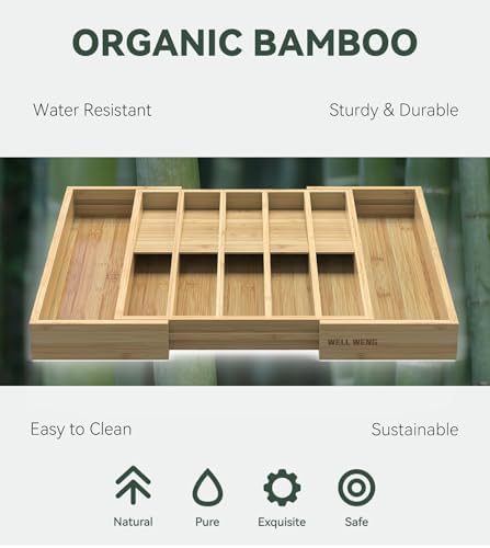 Expandable Silverware Drawer Organizer for Utensil,Bamboo 12 Slot