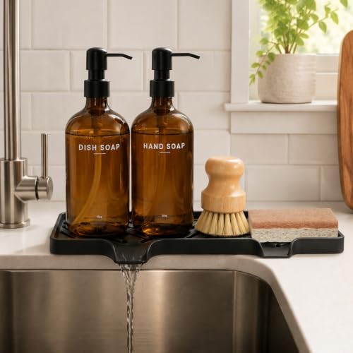 Kitchen Soap Dispenser Set with Self-Draining Tray, Brush and Sponge