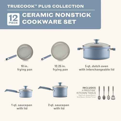 Farberware TrueCook Ceramic Plus Induction-Ready, Dishwasher Safe 12-Piece Cookware Set Steel Blue