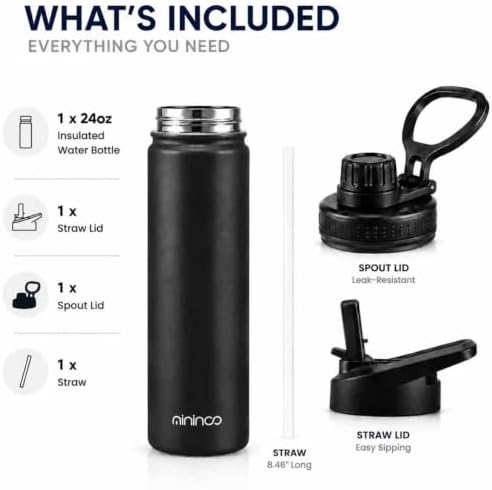 mininoo Insulated Stainless Steel Water Bottle with Straw and Lid for