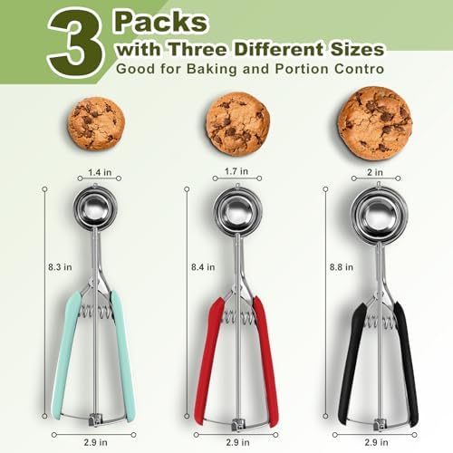 3 Pack Cookie Scoop, Stainless Steel Cookie Scoops for Baking