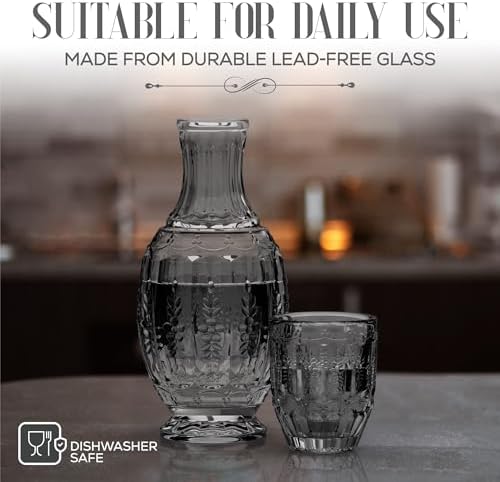 Elle Decor Bedside Water Carafe and Glass Set - Tumbler Lid, Vintage