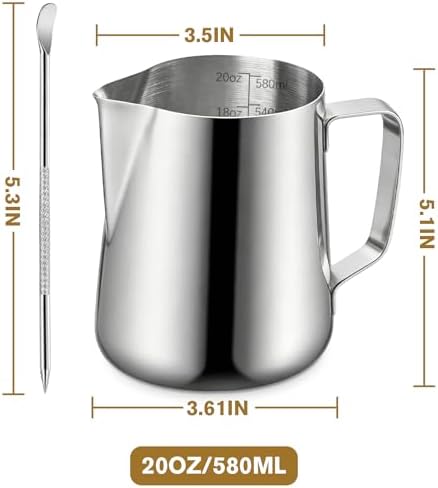 Milk Frothing Pitcher, 600ml (20oz) Milk Frother Cup Stainless Steel