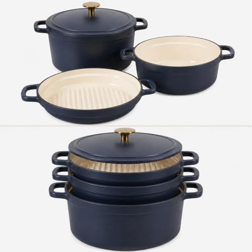 Sur La Table Kitchen Essentials 4-Piece Enameled Cast Iron Stackable Cookware Set, 5.3 Qt Dutch Oven with Lid, Braiser & Grill Pan, Navy Blue, Gold Knob Oven Safe to 500°F, Induction Compatible