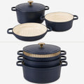 Sur La Table Kitchen Essentials 4-Piece Enameled Cast Iron Stackable Cookware Set, 5.3 Qt Dutch Oven with Lid, Braiser & Grill Pan, Navy Blue, Gold Knob Oven Safe to 500°F, Induction Compatible