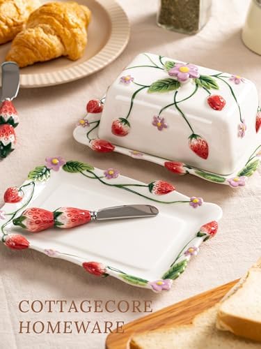 Cottage Strawberry Butter Dish w/ Lid & Knife, Artisanal Handmade