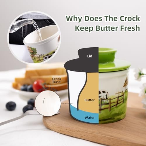 Ceramic Butter Crock With Lid for Countertop, Embossed Cow Butter