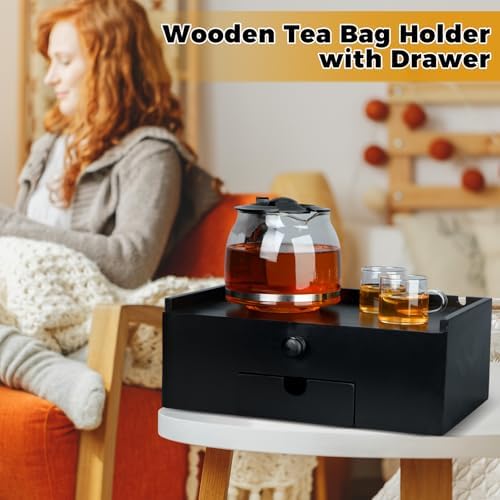 Cinnvoice Tea Bag Organizer Wooden Tea Storage Box, Black