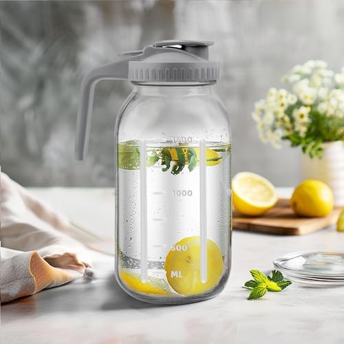 Heavy Duty Mason Jar Pitcher, 64 oz Glass Pitcher with Lid 2 Pack