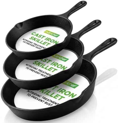 NutriChef 3 Pieces Pre-Seasoned Cast Iron Skillets