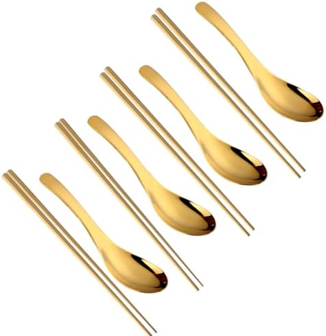 Chinese Metal Soup Spoons and Chopsticks Set for 4 People, Reusable