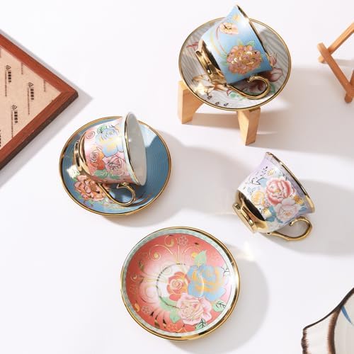 Tea Cups and Saucers, Tea Cup Set of 6, 8 OZ Floral Cups Porcelain Cup