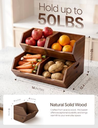 Tidita Wood Potato and Onion Storage Bin, Set of 3, Stackable, Walnut