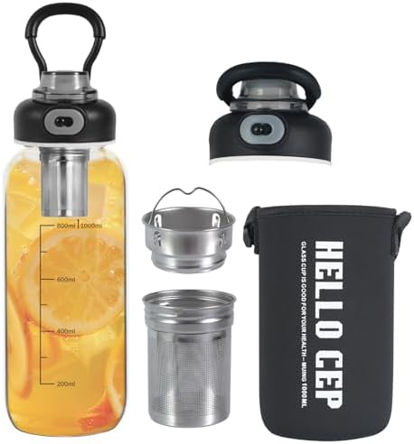34oz Glass Water Bottle with capacity Mark & Stainless Steel Tea