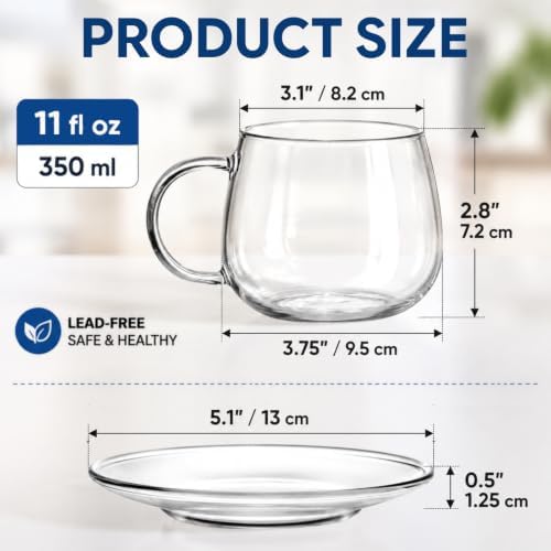 Tosnail 4 Pack Glass Cups and Saucers Set, 11 oz