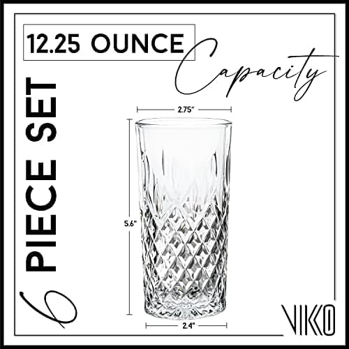Vikko Drinking Glass, Set of 6 Crystal Style Tall Beverage Glasses