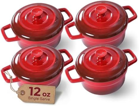 Lareina Mini Cocotte 12oz Ceramic Casserole Dish Set with Lid, Red