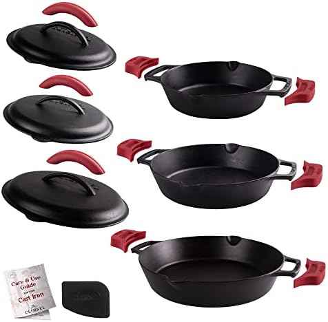 Cast Iron Skillet + Cast Iron Lid Set - 8"+10"+12" Dual Handle Frying Pans + Pan Scraper + Silicone Handle Holder Covers - Pre-Seasoned Indoor/Outdoor, Grill, Stovetop, Induction, Oven Safe Cookware