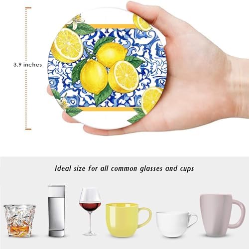 Coasters for Drinks, Set of 6, Ceramic Stone Yellow Blue