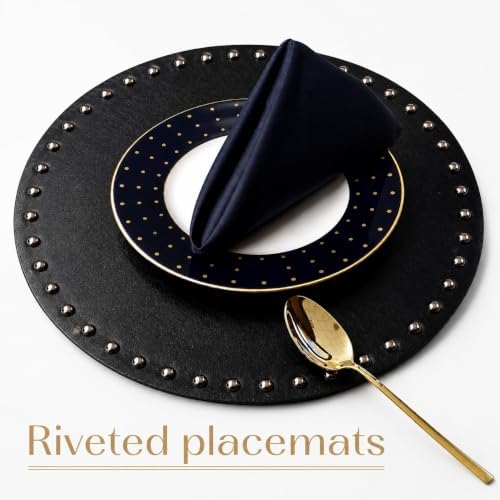 FAVE Black Faux Leather Placemats 13.78 Inches Round Placemat Set of 2
