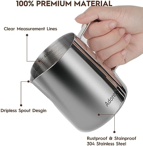 Adorever Milk Frothing Pitcher, 16oz 480ml Milk Frother Cup Stainless