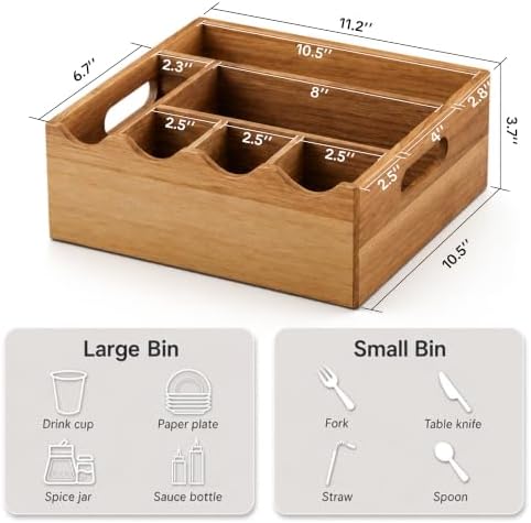 Utensil Caddy, Acacia Wood Utensil Holder for Party, 6 Compartment