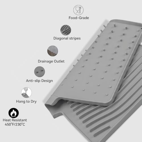 Silicone Dish Drying Mat for Kitchen Counter, Dishwasher Safe