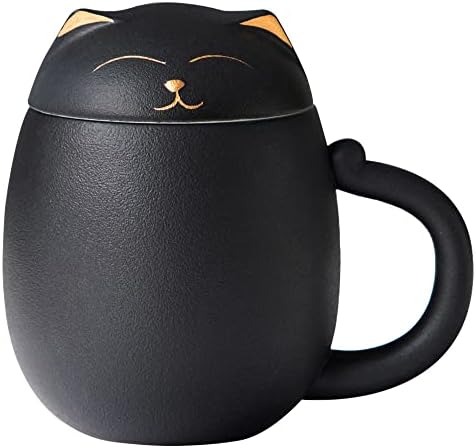 HEER Black Cat Ceramic Tea Mug 13.5oz with Infuser and Lid, Black