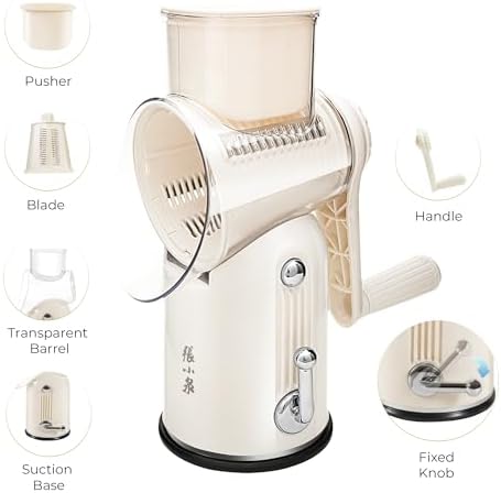 5 in 1 Beige Rotary Cheese Grater with 5 Stainless Steel Blades