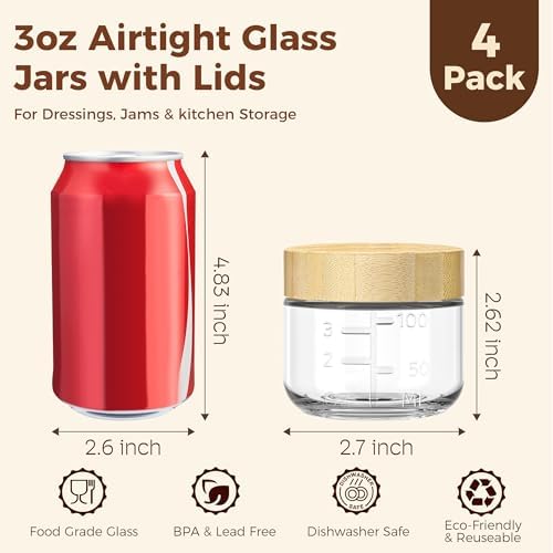 3 oz Small Glass Salad Dressing Containers with Bamboo Lids, 4 Pack