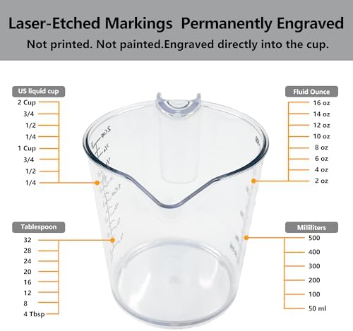 2 Cup (500ml) Measuring Cup, Laser-Etched oz/cup/mL/Tbsp, Plastic