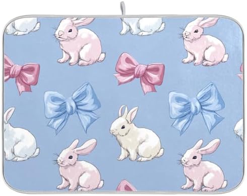 OTVEE Blue Bunny Art Dish Drying Mat for Kitchen Counter Absorbent