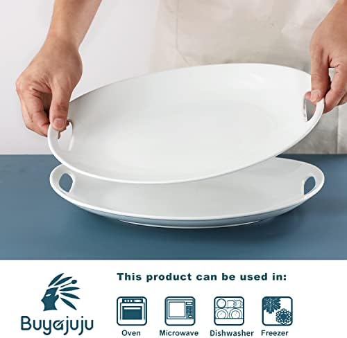 Buyajuju Porcelain Serving Platter with Handles, 14" Serving Dishes for Entertaining, Oval Serving Tray for Salad, Stew, Fruits and Pasta, Set of 2, White
