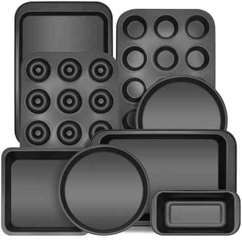 Bakeware Sets, Nonstick Baking Pans Set 8 Piece Including Donut Pan,2 Round Cake Pan, Square Cake Pan, Loaf Pan, Muffin Pan, Cookie Sheet, Roast Pan, Carbon Steel Bake Set (black)