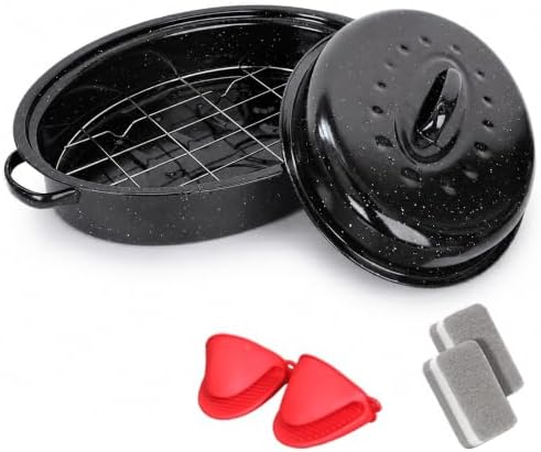 16 Inch Enamel Roasting Pan with Lid & Rack – Small Roaster Pan for Chicken, Vegetables, Lasagna – Oven & Dishwasher Safe, 932°F Heat Resistant – Includes Silicone Handles & Cleaning Sponges