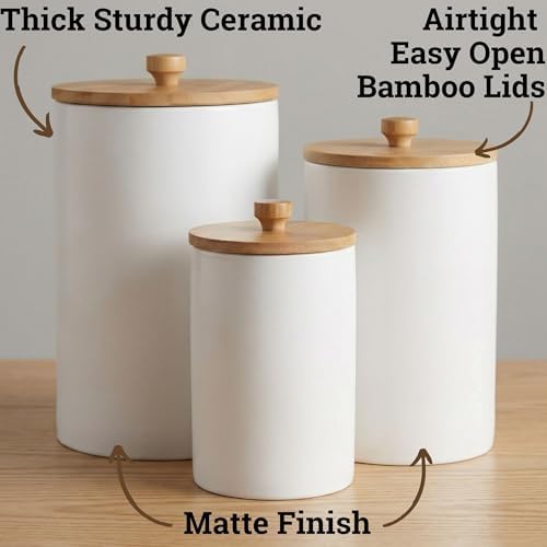 Ceramic Kitchen Canisters for Countertop Set of 3 w/ Airtight Bamboo