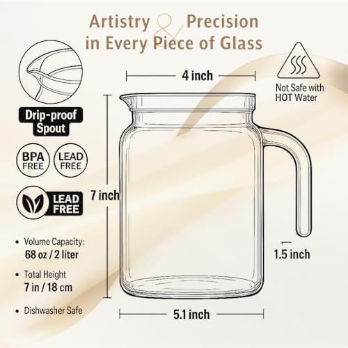 Hermetic Seal Glass Pitcher with Airtight Lid & Spout - 68oz Water
