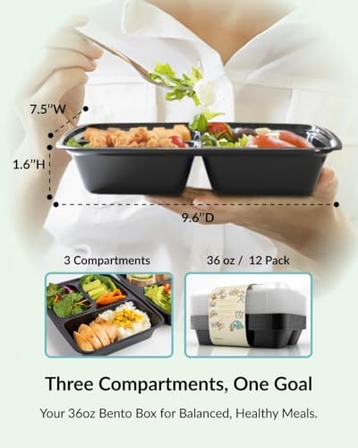 Enther Meal Prep Containers [12 Pack] 3 Compartment with Lids, Food
