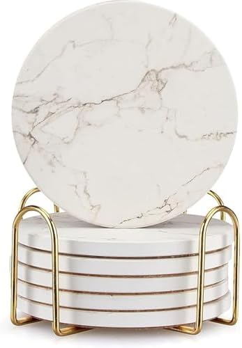 White Marble Coasters Set of 6 Absorbent Ceramic Cute Drink Coaster