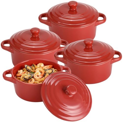 4 Pcs Red Ceramic Small Cocotte Set, 5.3 x 3.1 in Small Ramekins with