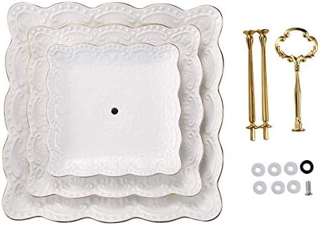 Sumerflos 3-Tier Square Porcelain Cake Stand, White Rimmed with Gold